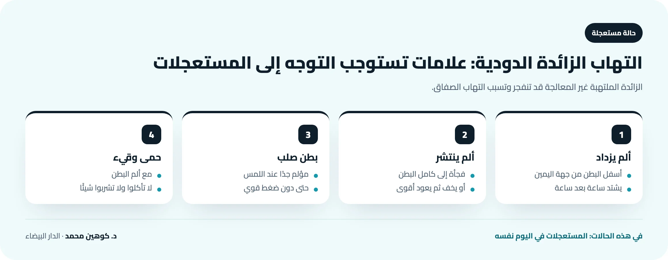 علامات الاستعجال في التهاب الزائدة الدودية: ألم يزداد أسفل البطن من جهة اليمين، ألم ينتشر إلى كامل البطن، حمى مع قيء، بطن صلب ومؤلم جدًا عند اللمس