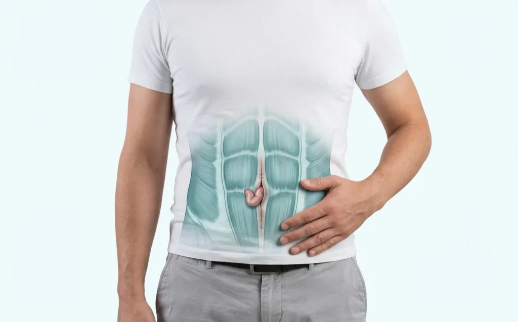 Abdomen avec une illustration 3D de la paroi abdominale montrant une éventration sur la ligne médiane du ventre