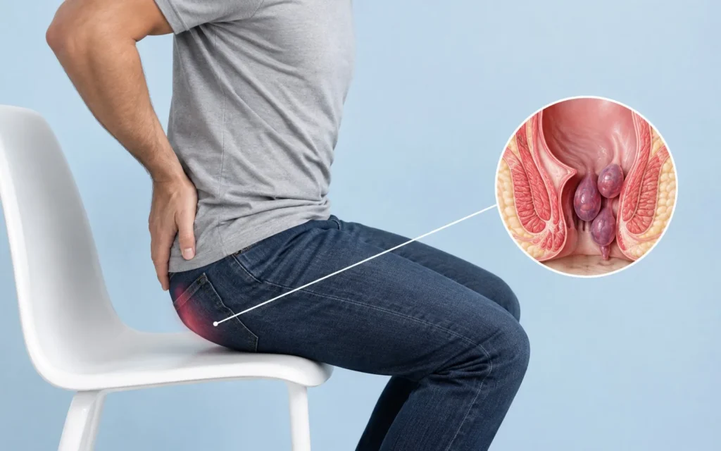 Homme assis inconfortablement, avec une illustration anatomique d'hémorroïdes internes dans le canal anal