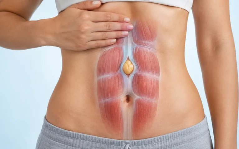 Abdomen avec une illustration 3D des muscles grands droits montrant une hernie épigastrique au-dessus du nombril