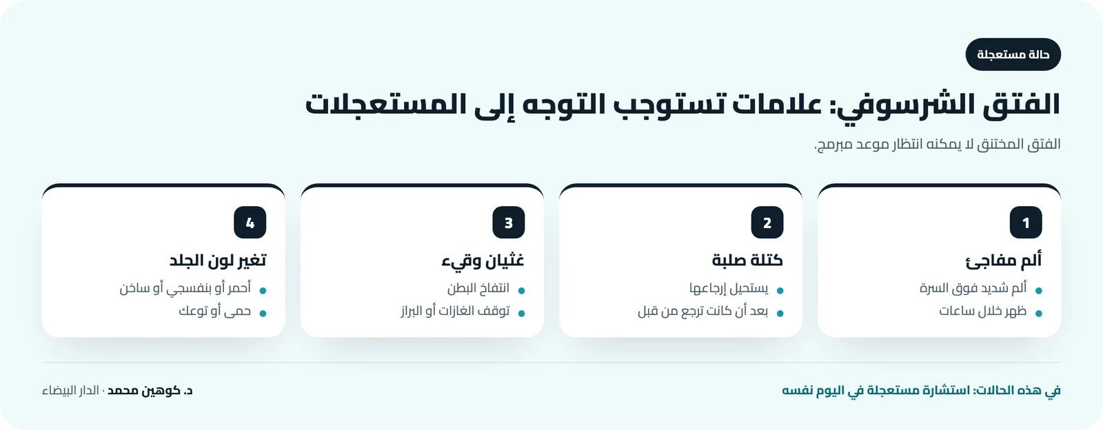 علامات الاستعجال في الفتق الشرسوفي: ألم مفاجئ فوق السرة، كتلة صلبة يستحيل إرجاعها، غثيان أو قيء مع انتفاخ البطن، جلد أحمر أو بنفسجي