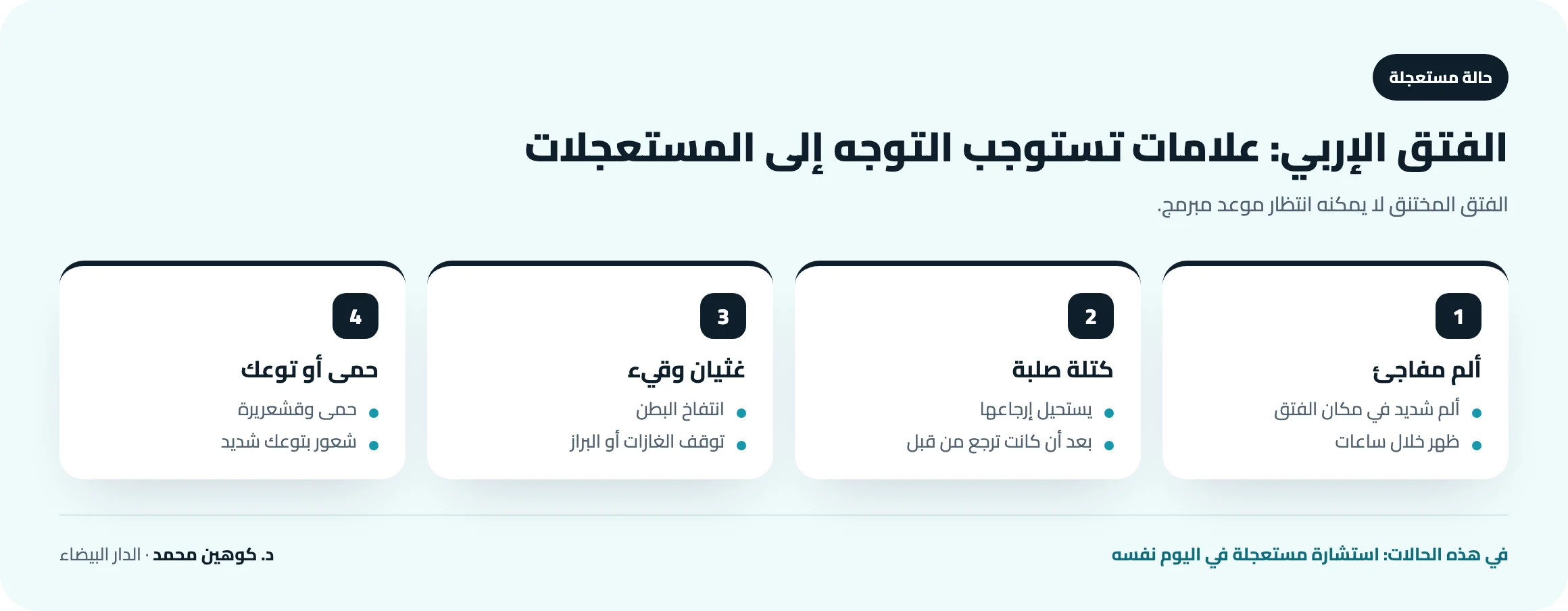 علامات الاستعجال في الفتق الإربي: ألم مفاجئ، كتلة صلبة يستحيل إرجاعها، غثيان أو قيء، انتفاخ البطن مع توقف الغازات، حمى