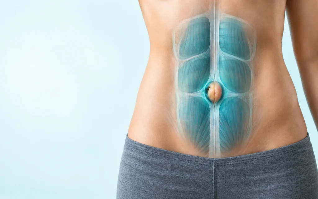 Abdomen avec une illustration 3D de la paroi abdominale montrant une hernie ombilicale au niveau du nombril