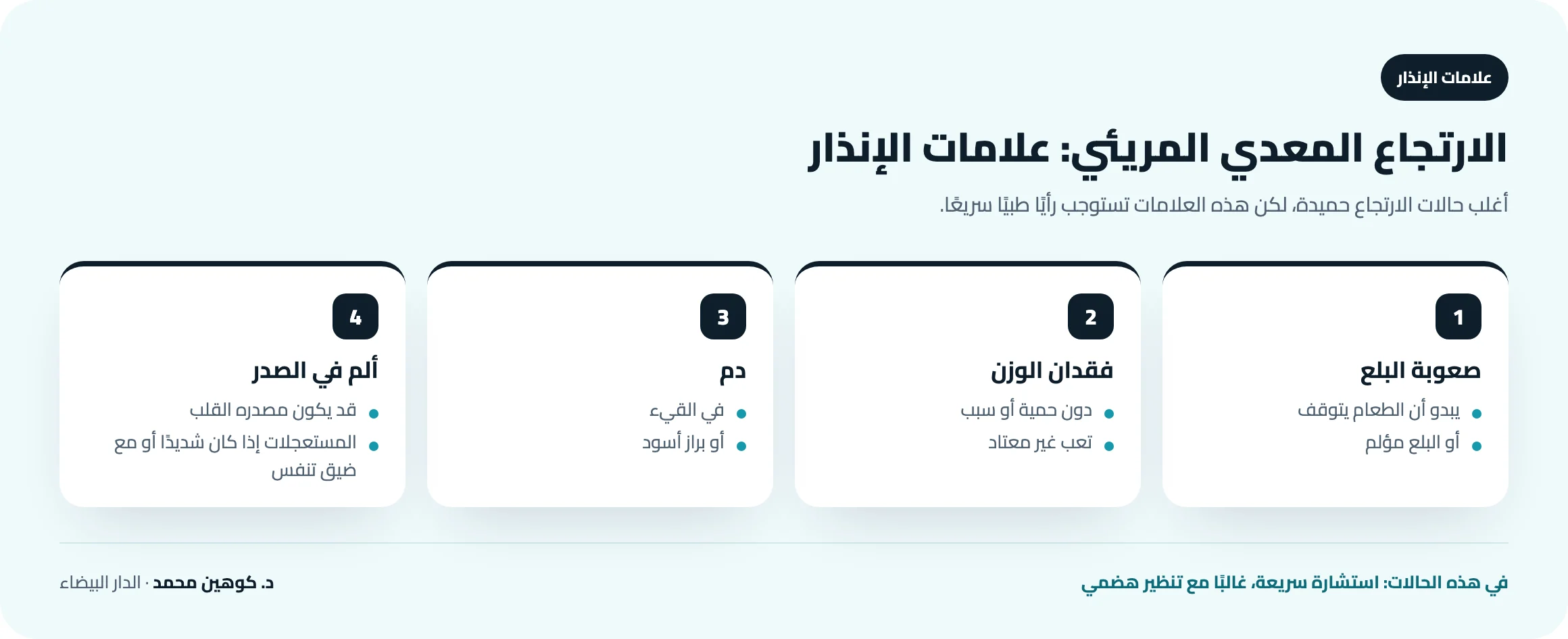 علامات الإنذار في الارتجاع المريئي: صعوبة أو ألم في البلع، فقدان وزن غير مبرر، قيء دموي أو براز أسود، ألم في الصدر